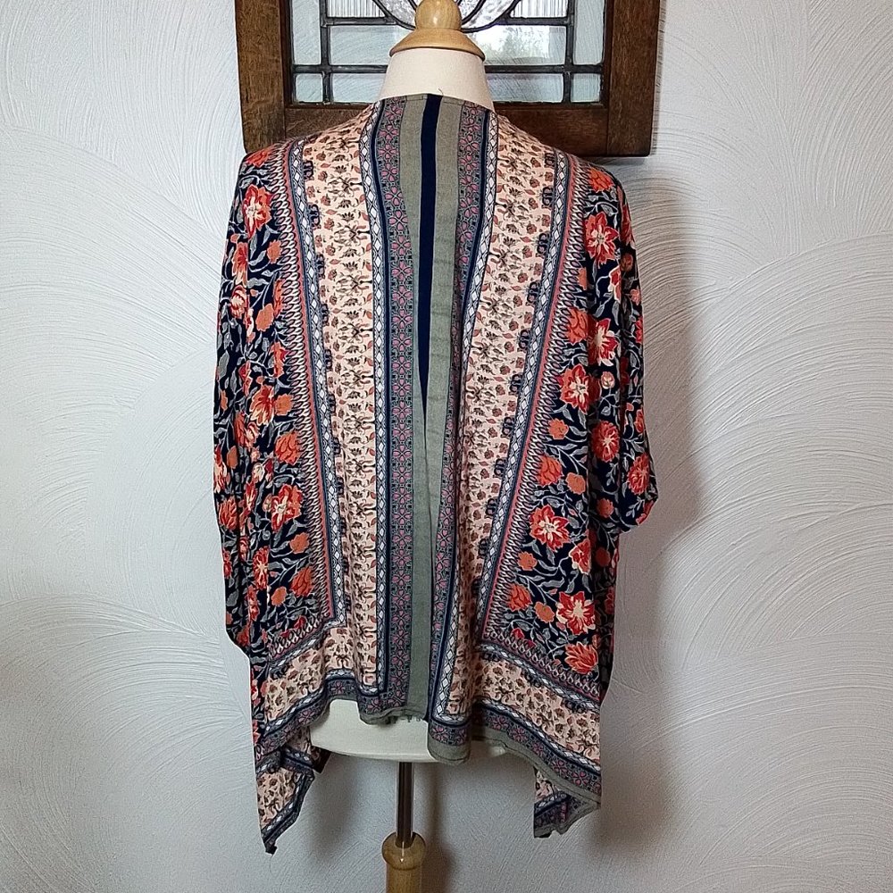 Angie Boho Floral Kimono Open Front Navy Blue & Pink size M - Picture 5 of 6